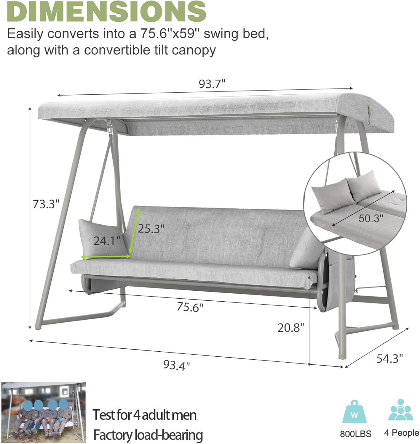 TQKVIPI Oversized 4 Person Outdoor Porch Swing with Adjustable Backrest Canopy,2-in-1 Swing Bed 800 lbs Capacity,Patio Swing with Removable Cushions for Yard Garden Poolside Balcony