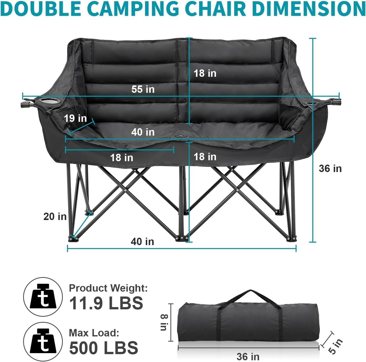 Zikebtuy Double Camping Chair for 2 Person - Oversized Padded Folding Loveseat - Portable Camping Couch Heavy Duty Lawn Chairs for Outdoor Beach - Support 500LBS