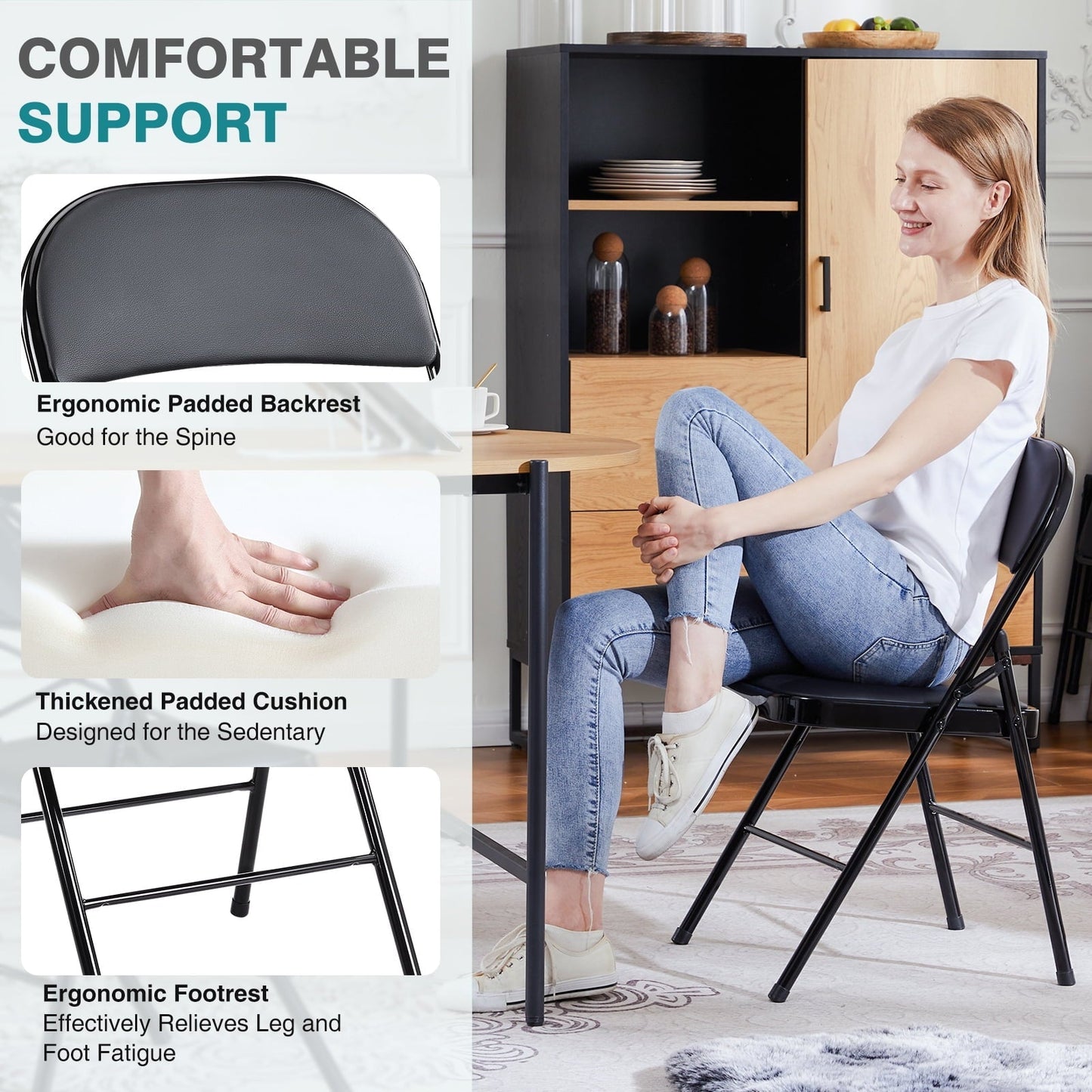 2-Pack/4-Pack Folding Chairs with Padded Seat & Backrest, Heavy-Duty Metal Frame, Portable & Space-Saving, Comfortable PU Leather for Indoor Outdoor, Office, Party, Wedding, Events – Black/Khaki