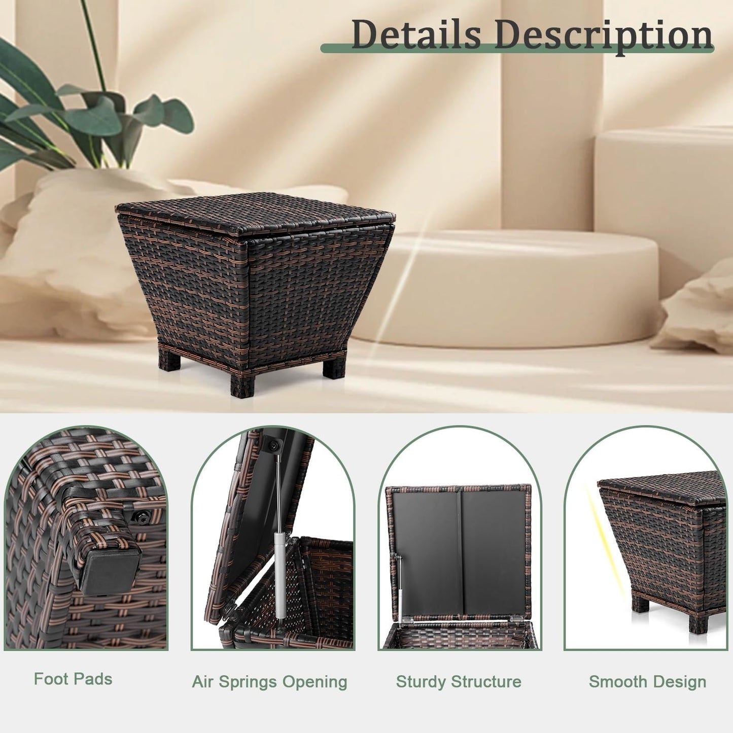 Outdoor Storage Box 13 Gallon, Wicker Deck Box with Lid, Small Bin for Garden Porch, Rattan Coffee Table and Seat, Brown