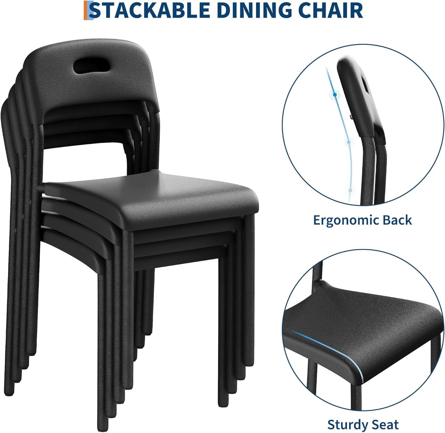 Dining Chairs, Stackable Modern Kitchen Chairs, Plastic Dining Room Chair with Metal Legs, Easy Assembly, Waterproof & Stain-Resistant, Suitable for Indoor and Outdoor, Black