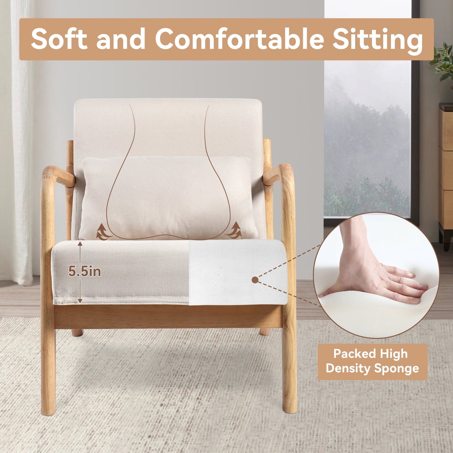 YEEZEE Mid Century Modern Chair - Solid Wood Accent chair with Ergonomic Armrests and Lumbar Pillow