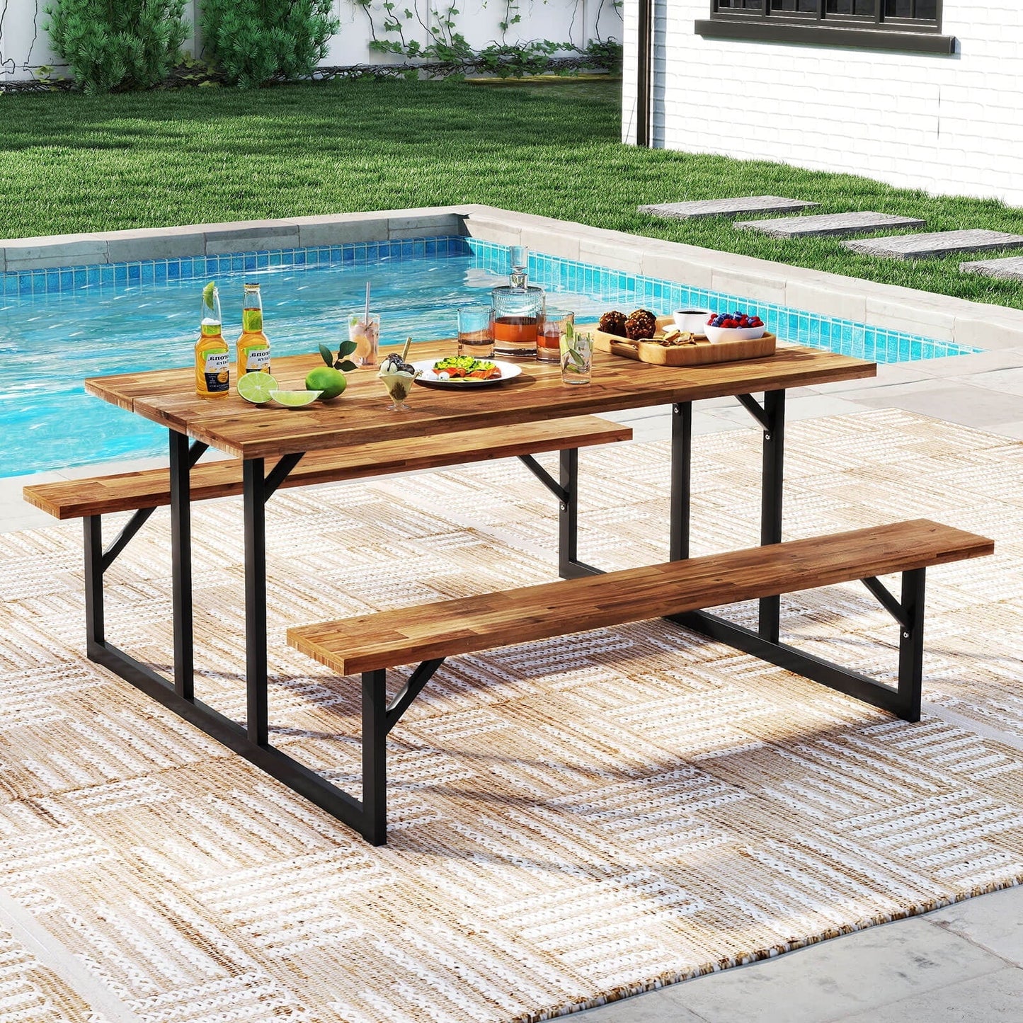 Costway 6-Person Acacia Wood Picnic Table with 2 Built-In Benches Umbrella Hole Metal Frame