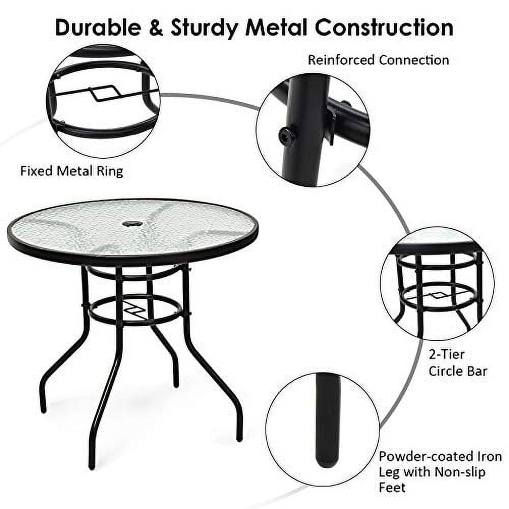KOTEK 32'' Patio Table with Umbrella Hole, Outdoor Bistro Table w/Tempered Glass Top & Sturdy Metal Frame, Round Patio Dining Table Coffee Table for Garden, Balcony, Poolside
