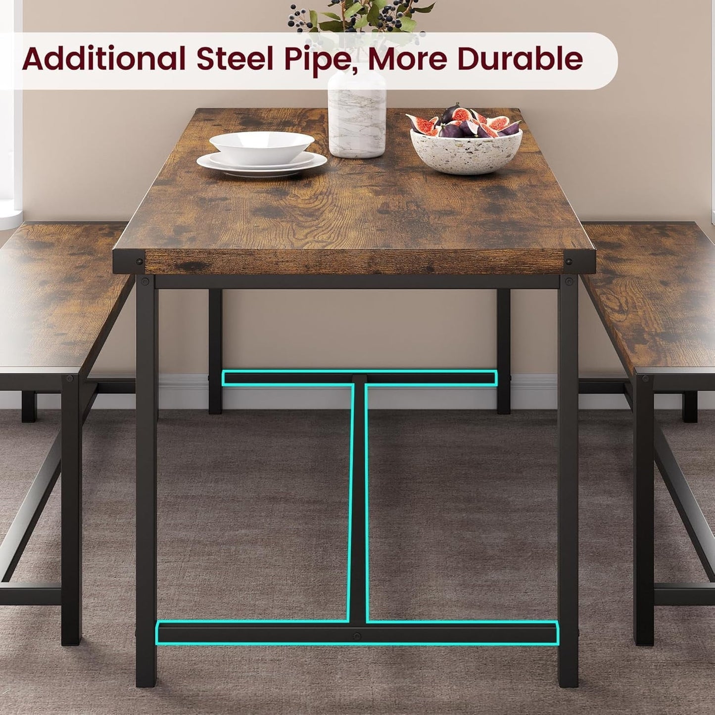 3 Piece Dining Table Set for 4 with Space-Saving Benches, Tabletop, Steel Frame, Modern Farmhouse Kitchen Table for Small Spaces Rustic Brown