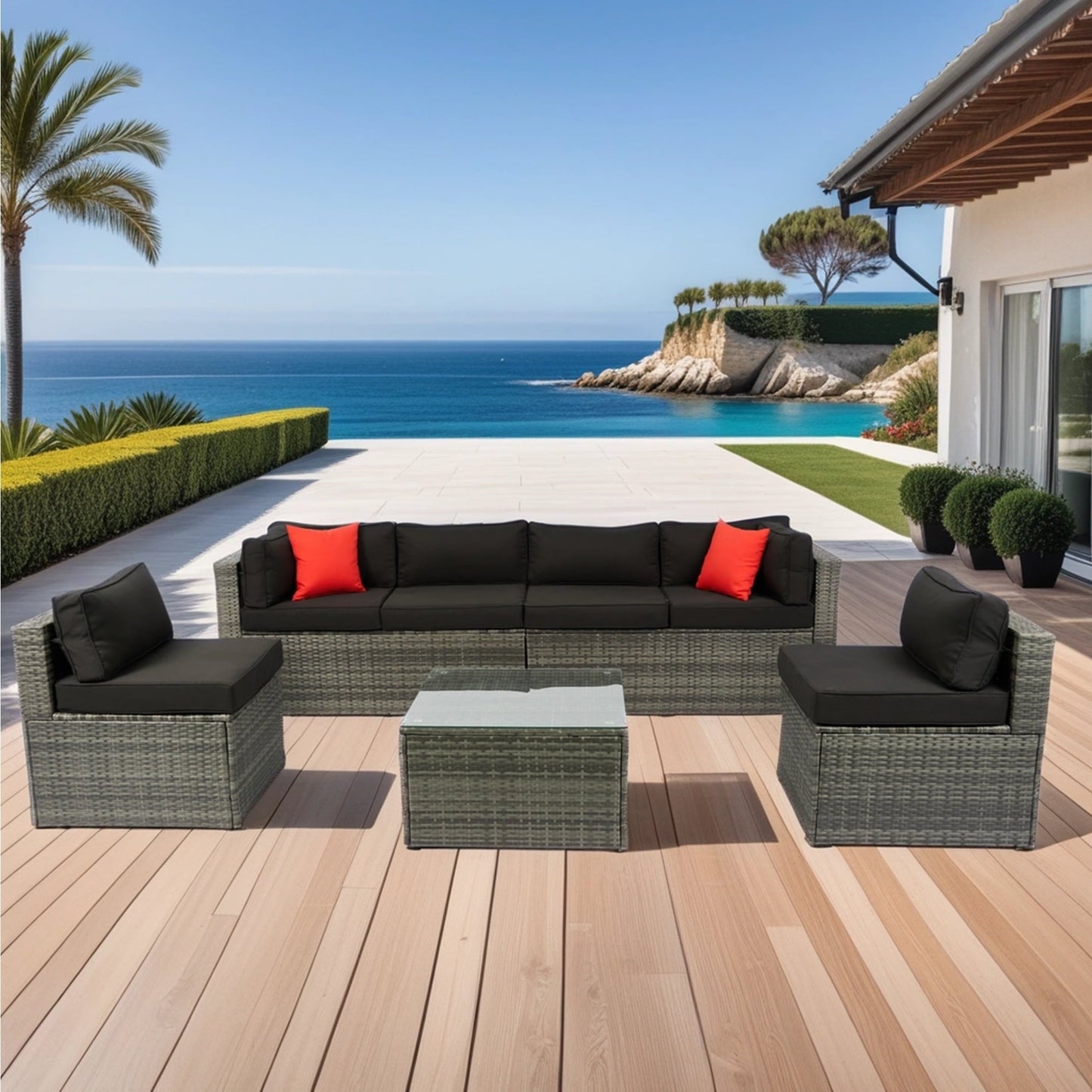 Olurrisa 5 Pieces PE Rattan sectional Outdoor Furniture Cushioned U Sofa set with 2 Pillow Grey wicker + Black Cushion