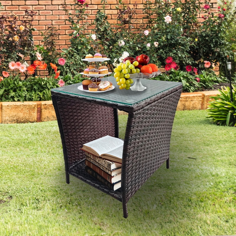 Outdoor Wicker Side Table, Rattan Coffee Tables - Square End Table with Tempered Glass Top and Storage for Patio Porch Lawn (Brown)