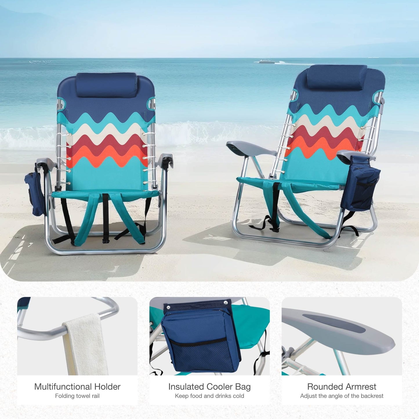 Sophia & William 2 Pack Folding Beach Chairs lightweight Outdoor Lounge Chair with 4 Adjustable Positions & Cooler Bag, Blue