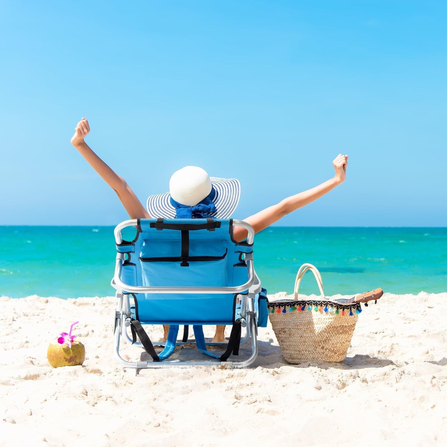 Beach Chairs with 5-Position Recline, 330lbs Folding Backpack Beach Lounge Chairs with Storage Pockets, Cup Holder & Towel Bar, Portable Aluminum Lay Flat Camping Chairs for Travel, Pool & Outdoor