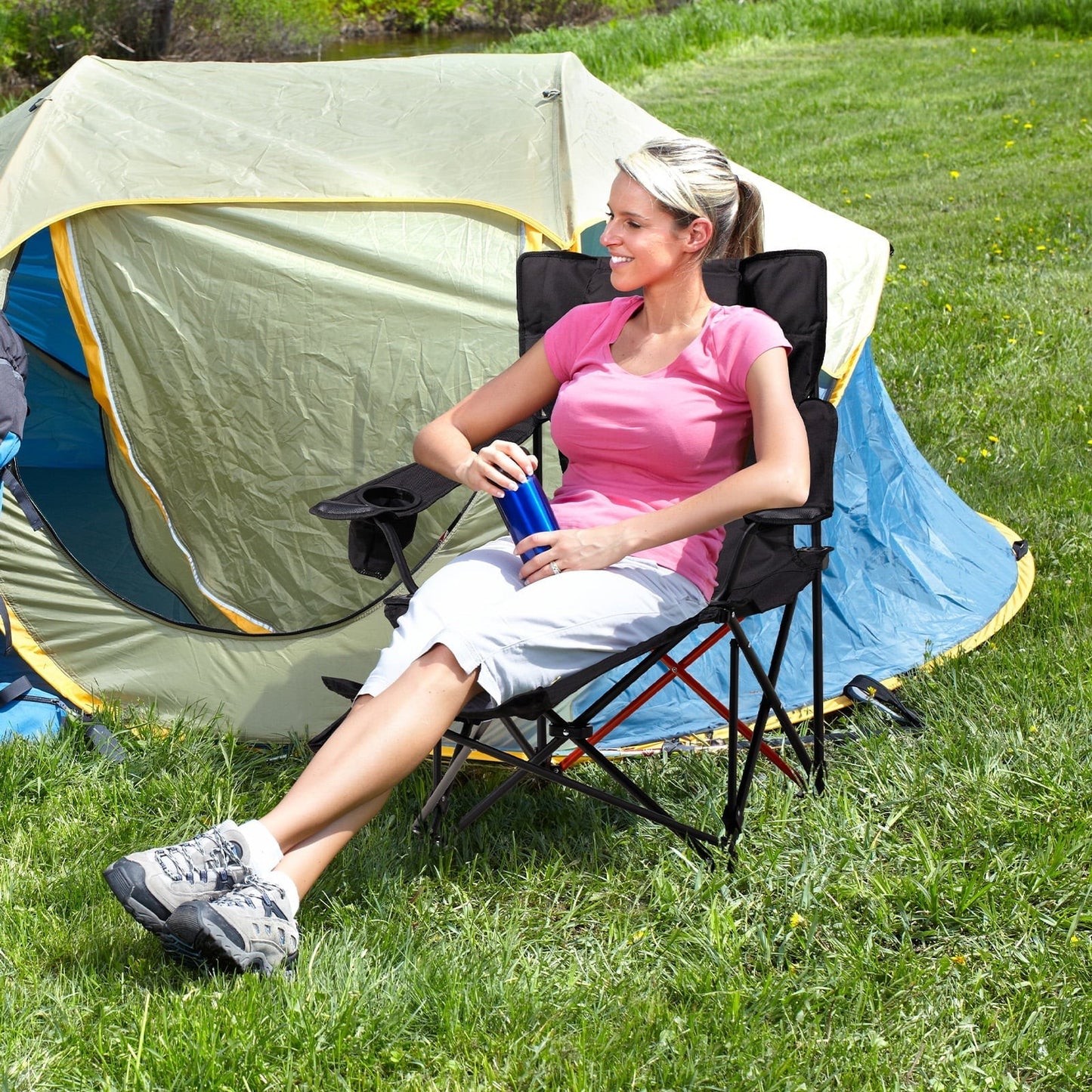 Zimtown 2 Pack Camping Chairs, 2-in-1 Lightweight Camping Chair with Footrest, Adjustable Backrest Seating with Headrest, Cup Holder, Storage Bag