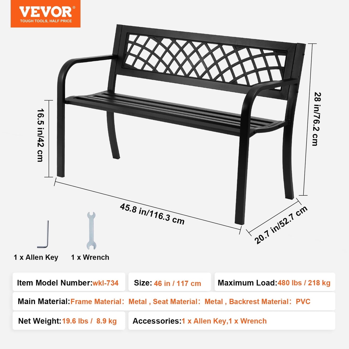 VEVOR Outdoor Bench,46 inches Metal Garden Bench for Outdoors, 480 lbs Load Capacity Bench, Outdoor Garden Park Bench with Backrest and Armrests, Patio Bench for Garden, Park, Yard, Front Porch