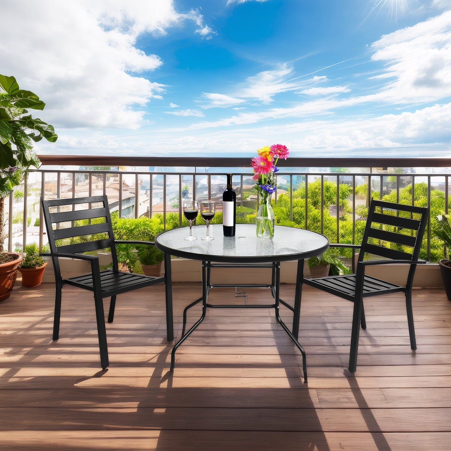 Zimtown 41.3 In Outdoor Glass Table, Patio Round Table, Dining Table with Tempered Glass Tabletop for Indoor, Steel Frame for Yard Lawn Porch Balcony