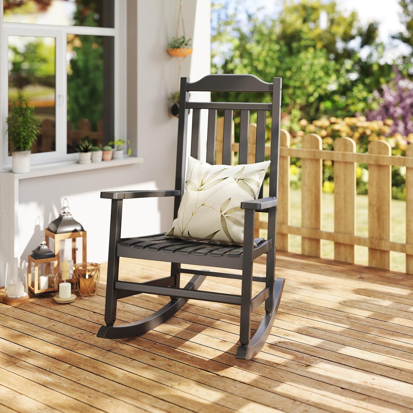 FICARTS High Back HDPE Outdoor Rocking Chair - All Weather Patio Porch Rocker with 44.92” Height (Black)