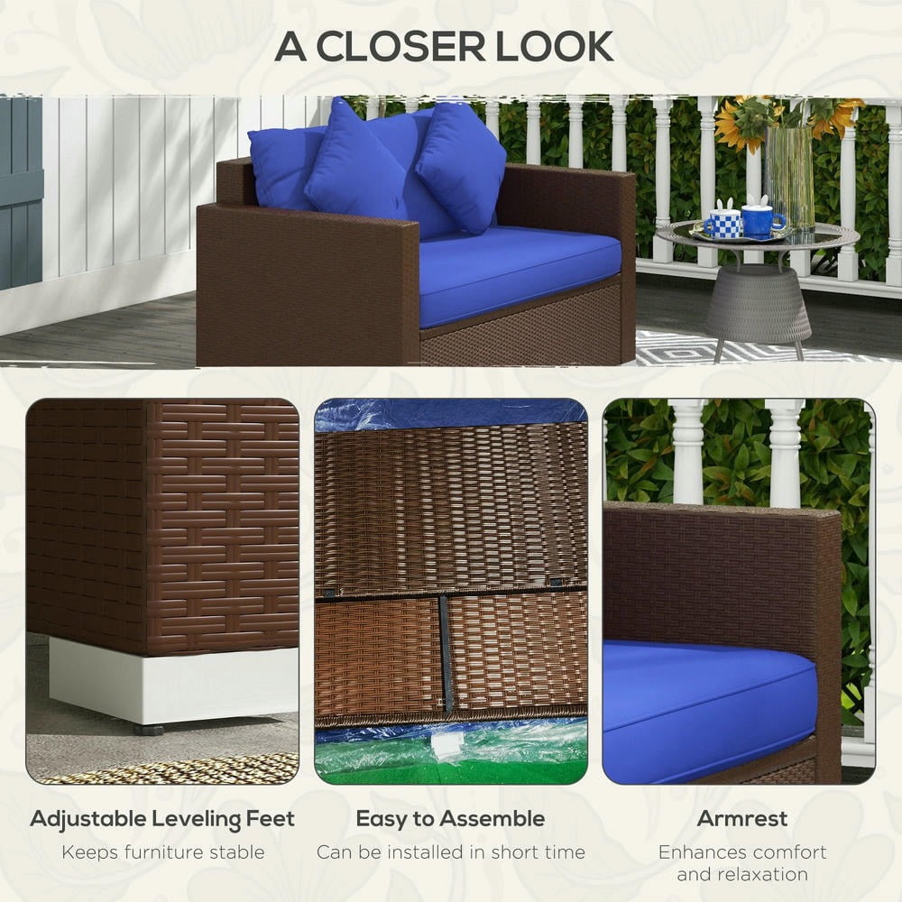 GVN Outdoor Couch Patio Sofa,Wicker Loveseat, Patio Furniture Couch with Cushions, 2 Seat PE Rattan Sofa, 2 Throw Pillows, Blue