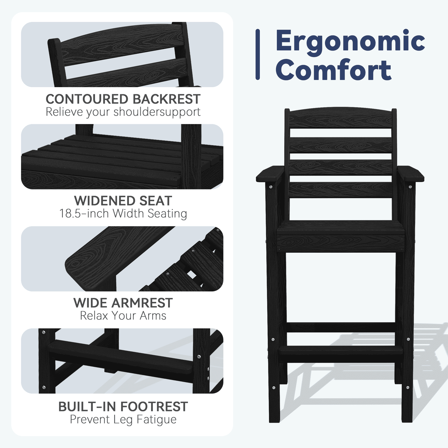 JUSTLET Tall Adirondack Chair Set of 2 with Double Connecting Tray, HDPE Outdoor Weather Resistant Patio Bar Stools for Patio, Balcony, Porch, Black