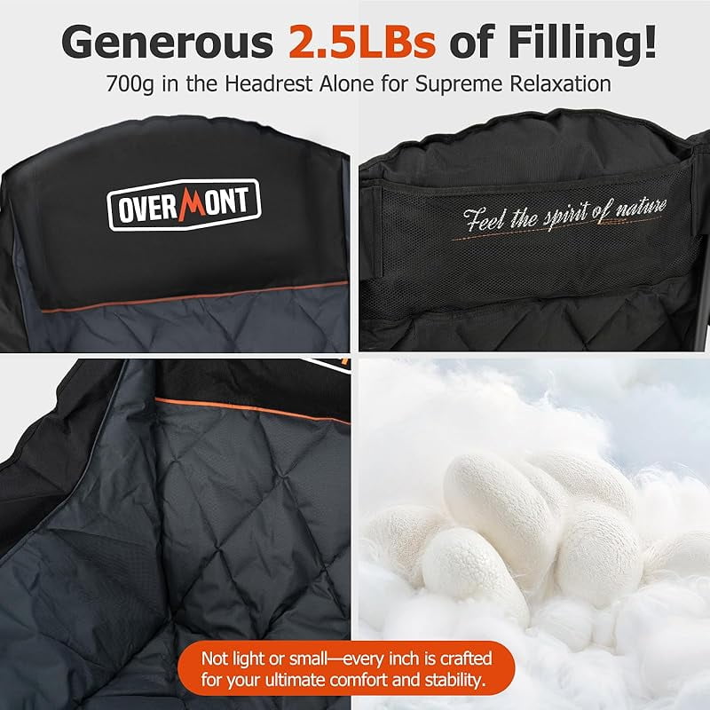 Oversized XL Camping Chair for Adults - 450lbs Support Heavy-Duty Padded Folding Chair with Side Pocket Cup Holder Cooling Bag