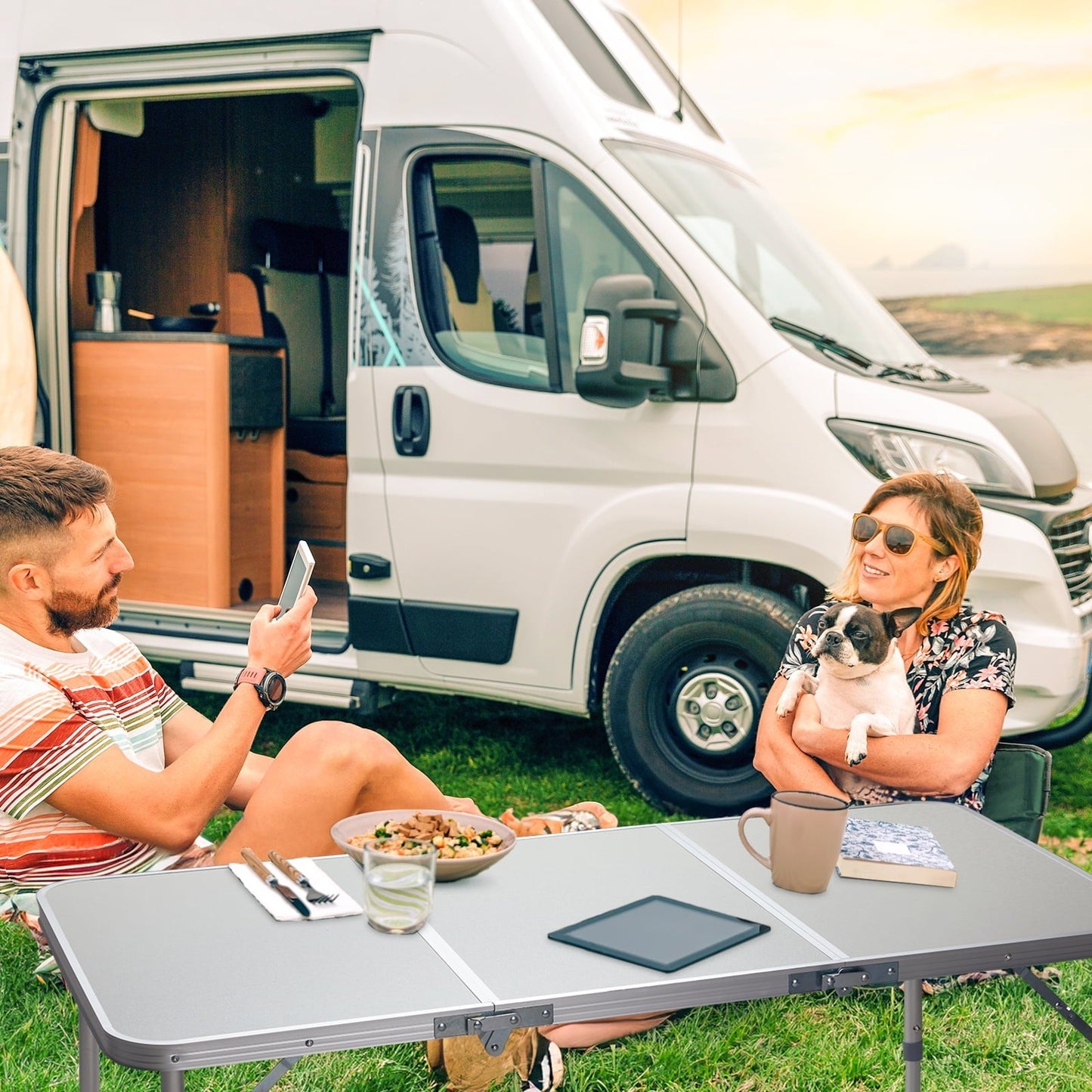 4ft Camping Folding Table, Aluminum Portable Picnic Table with Adjustable Height, 3 Fold Lightweight Outdoor Table for Indoor Travel Beach and Party