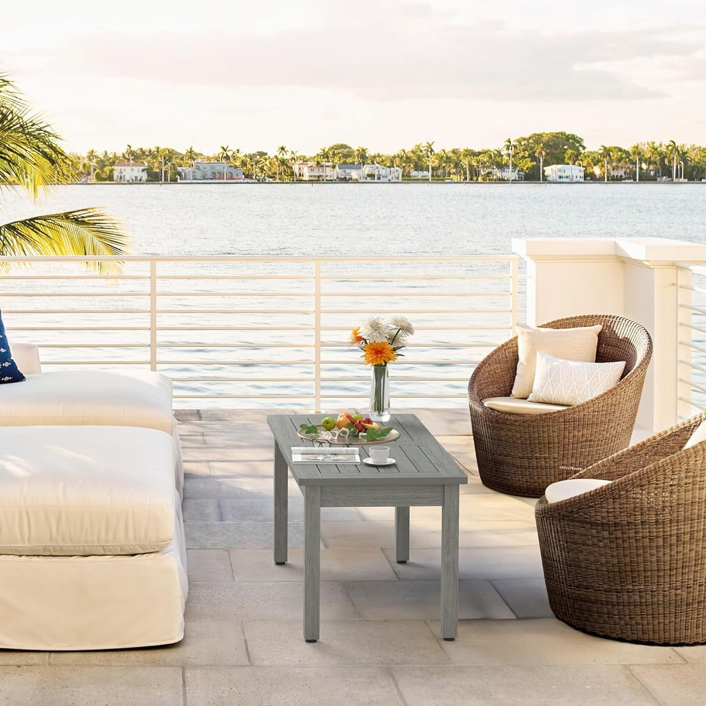 ZMMOO Outdoor Coffee Table Rectangle, HDPS Patio Coffee Tables for Outside, All Weather Patio Coffee Table with Slatted Tabletop for Deck, Garden, Balcony, Indoor or Outdoor Use, Light Gray