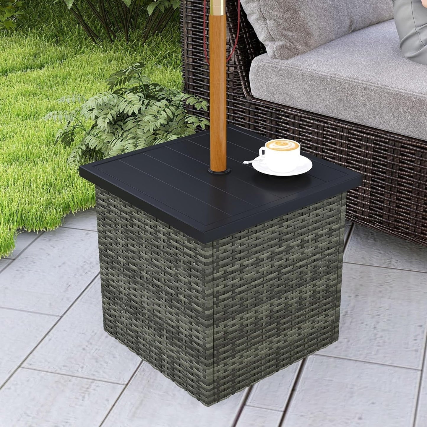 ZOPan All Weather Wicker Side Table with 1.5" Umbrella Hole, Square PE Rattan Outdoor End Table with Umbrella Base, UV-Resistant Frame, Storage Space for Patio, Garden, Poolside, Deck, Mixed-Gray