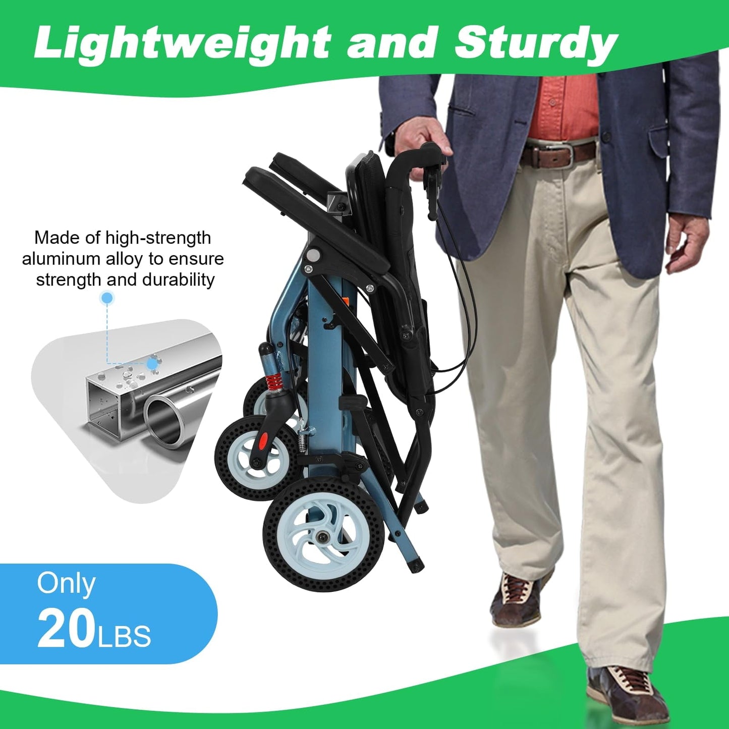 20lbs Ultra-Lightweight Foldable Wheelchair for Adults & Seniors, 220lbs Capacity, 8" Honeycomb Tires & Detachable Cushion for Travel, Hospital, Home (Blue)