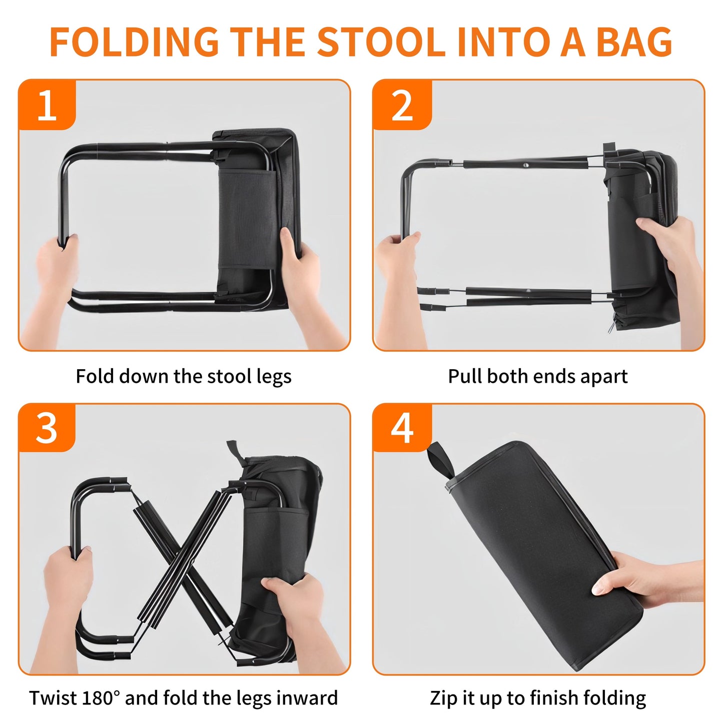 2 Pack Portable Stool with Carry Bag, 10.6 Inch Small Folding Stool for Adults, Ultralight Black Camping Stools for Picnic, Hiking and Fishing, Hold Up to 220 LBS