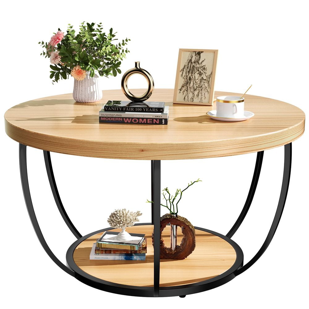 LUMAMIN 31.5" Round Coffee Table with Storage, 2 Tier Modern Small Wood Center Table with Metal Legs for Living Room, Bedroom, or Kitchen