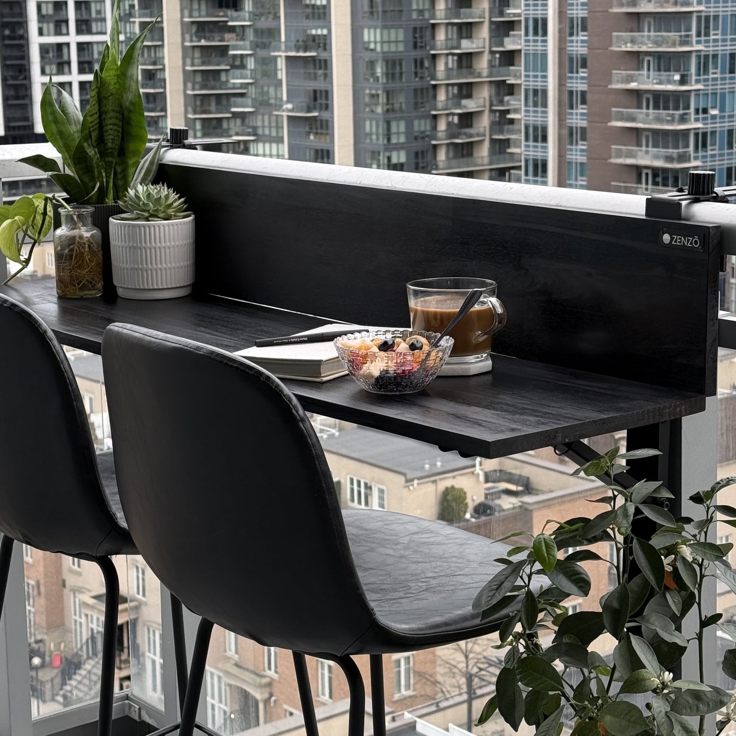 ZENZO Balcony Bar Table for Railings, Outdoor Balcony Folding Table, Attaches to Balcony Railing, Balcony Table, Weather-Resistant, 48 inch Wide (Black)