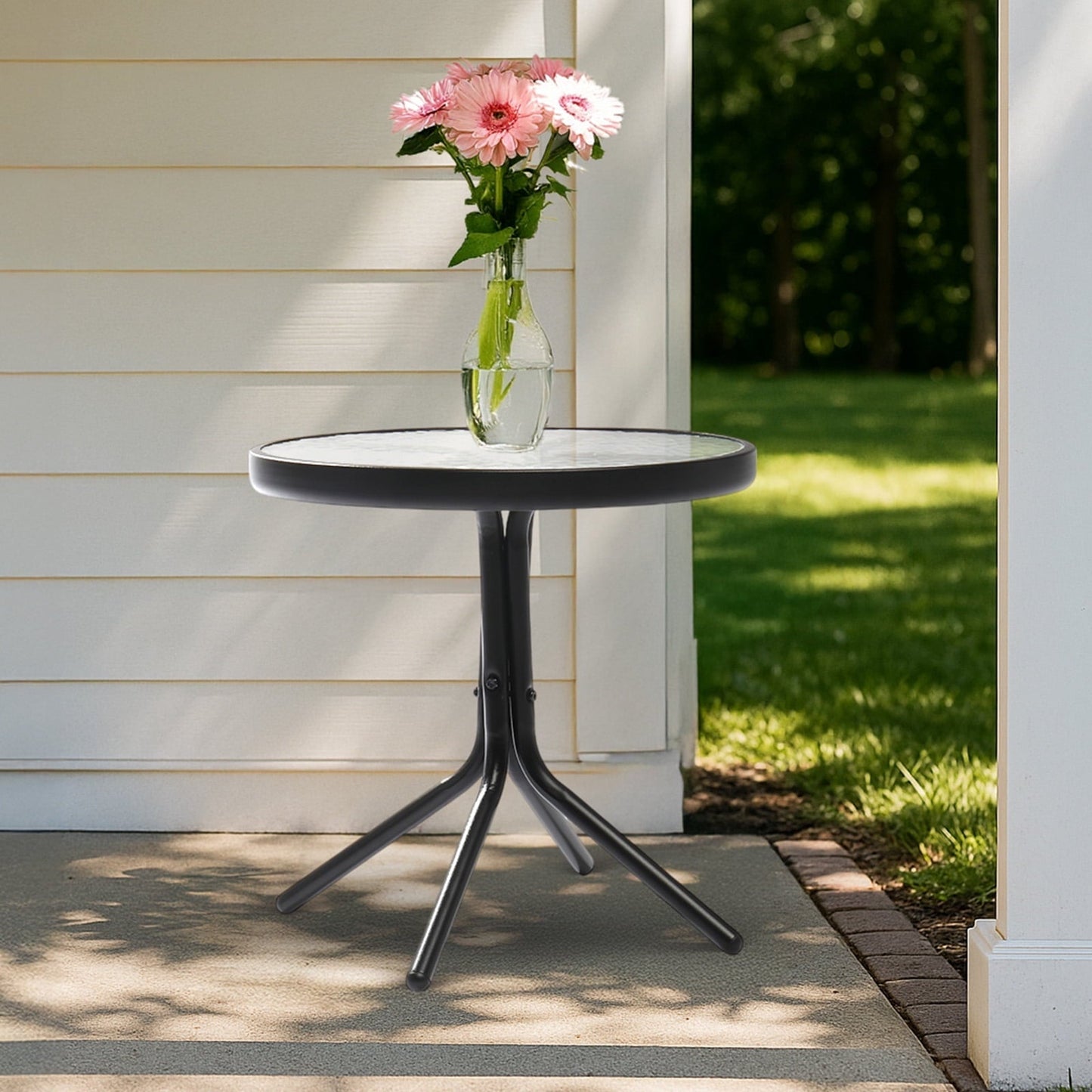 Zimtown 18" Round Tempered Glass Outdoor Patio Side Table, Metal Frame End Table, Black