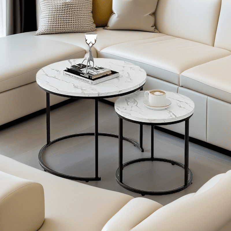 Round Nesting Coffee Table Side Table Set of 2 End Tables for Living Room Bedroom Balcony, White Faux Marble Wooden Table Accent Coffee Table with Black Steel Frame