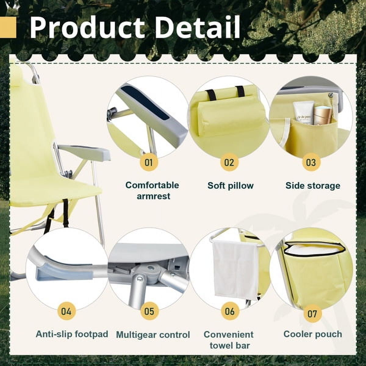 63*70*99cm Heightened Oxford Cloth Silver White Aluminum Tube Bearing 100kg Beach Chair with Cup Holder Storage Pouches Yellow