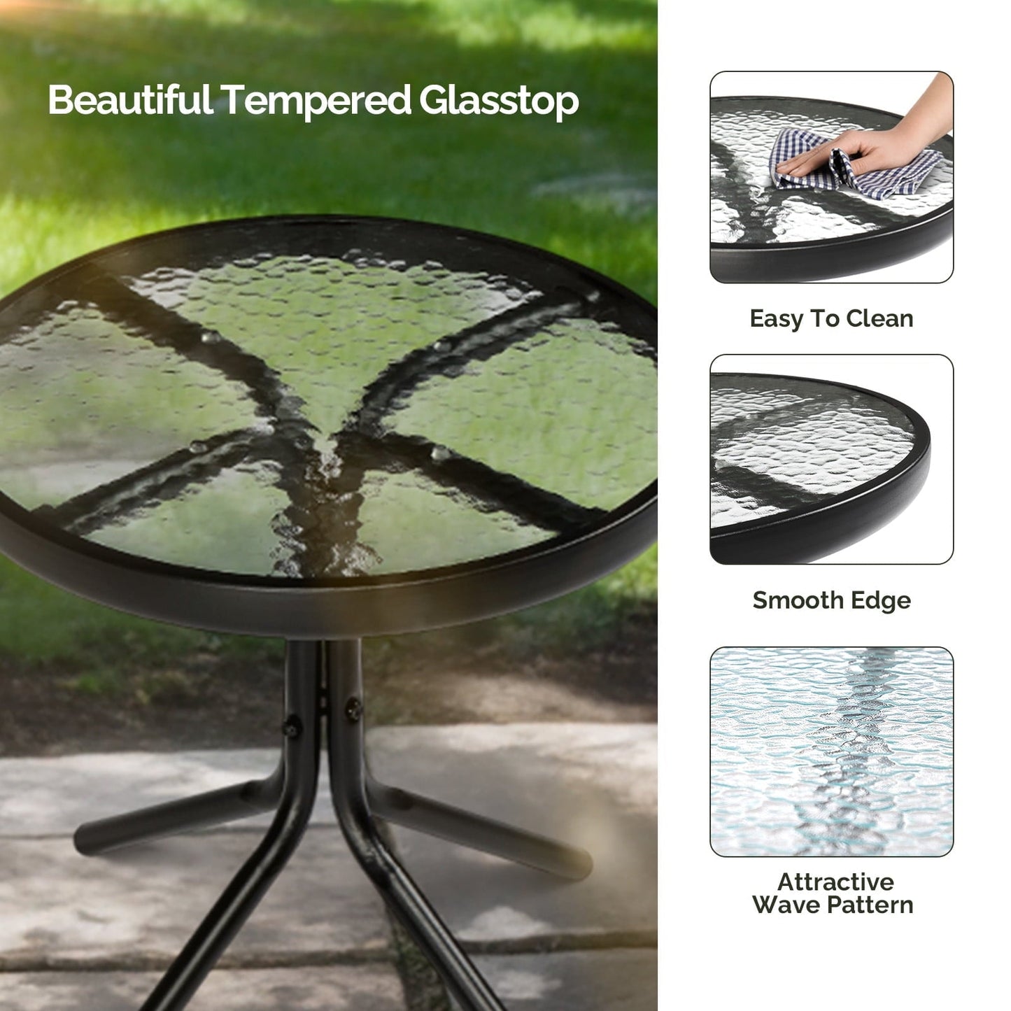 Zimtown 18" Round Tempered Glass Outdoor Patio Side Table, Metal Frame End Table, Black