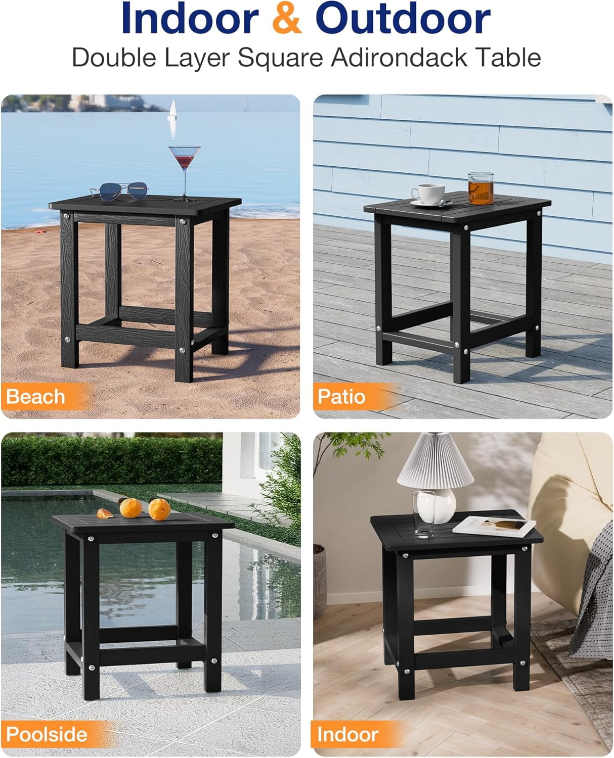 WINSOON Small Outside Adirondack Square Side Table,Single Layer - Black