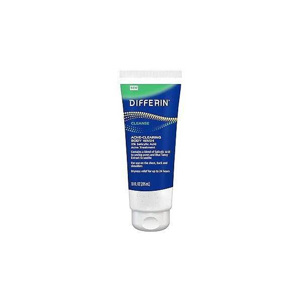 Differin Acne Body Wash by the makers of Gel, Treatment Cleanser with Salicylic Acid, Cream to Lather Formula for Back, Chest, Shoulders, 10 Oz.