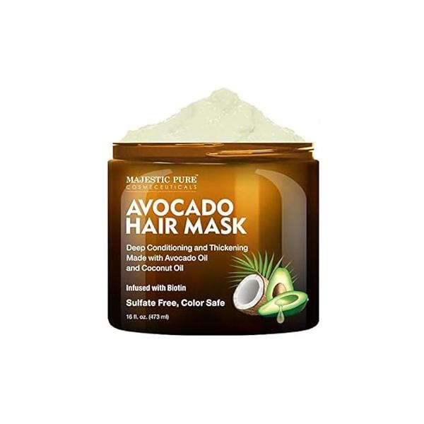 Majestic Pure Avocado and Coconut Hair Mask for Dry Damaged - Infused with Biotin Deep Conditioning, Thickening, Healthy Hydrated Hair, Sulfate Free, 16 fl oz
