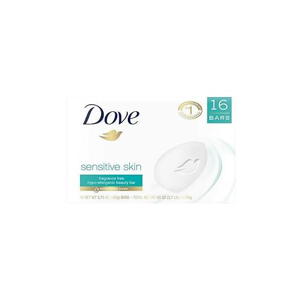 PACK OF 16 BARS Dove Unscented Beauty Soap Bar: SENSITIVE SKIN