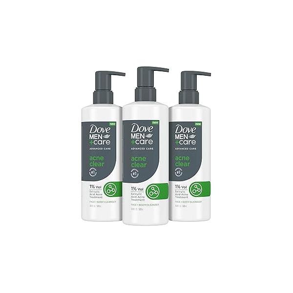 DOVE MEN + CARE Advanced Care Cleanser Acne Clear 3 Count for Prone Skin Face Body with 1% Salicylic Acid 16.9 oz