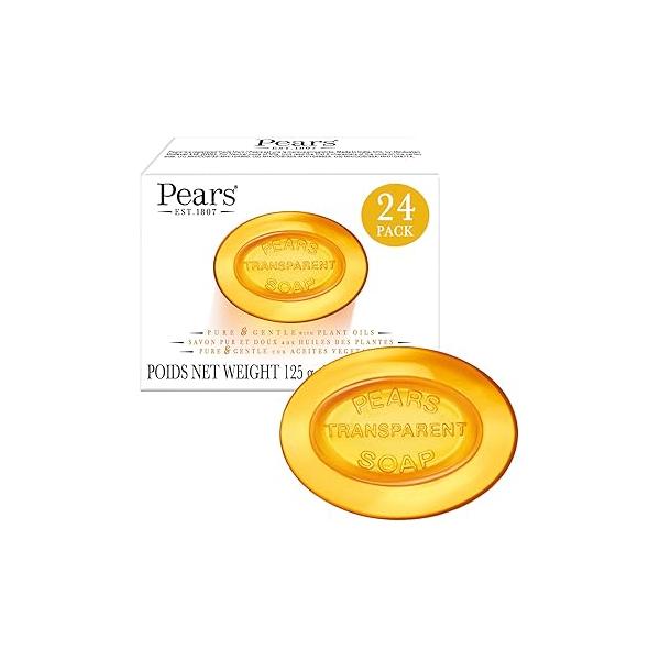 Pears Glycerin Soap, Transparent Amber with Natural Oils, 24-Pack - Pure & Gentle Cleanser for Soft, Glowing Skin, 4.4 Oz Ea