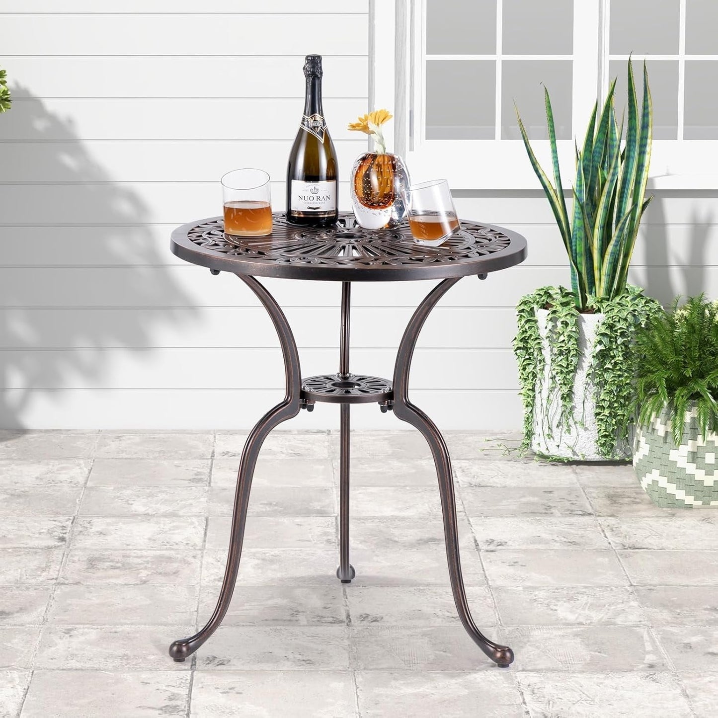 ZDOOR 24” Patio Bistro Table, Cast Aluminum Outdoor Side Table with 2" Umbrella Hole, All-Weather Resistant Round Patio Dining Table for 2 for Front Porch, Pool, Backyard, Garden, Balcony