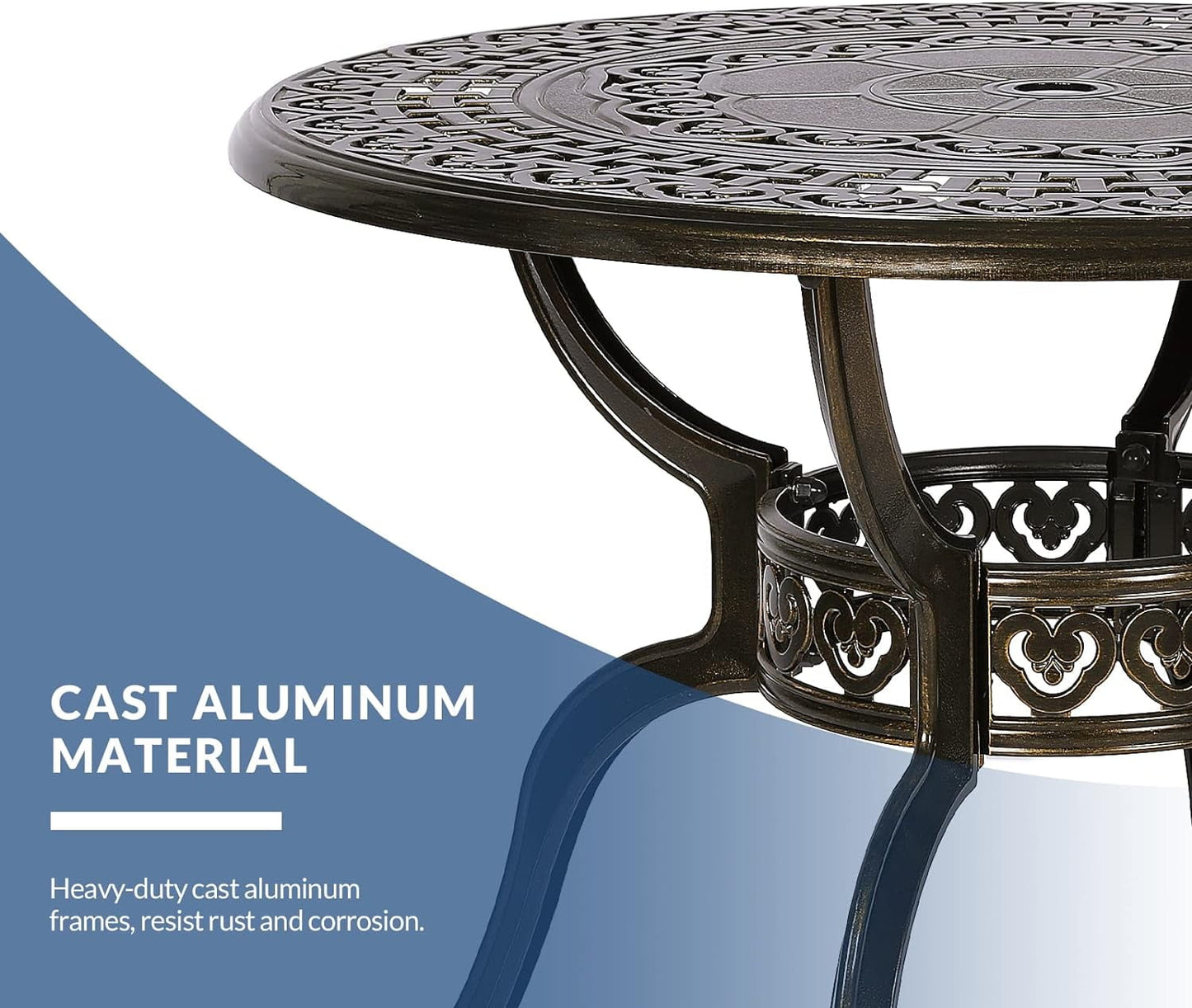 38.5 Inch Outdoor Dining Table Round Patio Table Bronze Cast Aluminum Rustic Large Table with Umbrella Hole