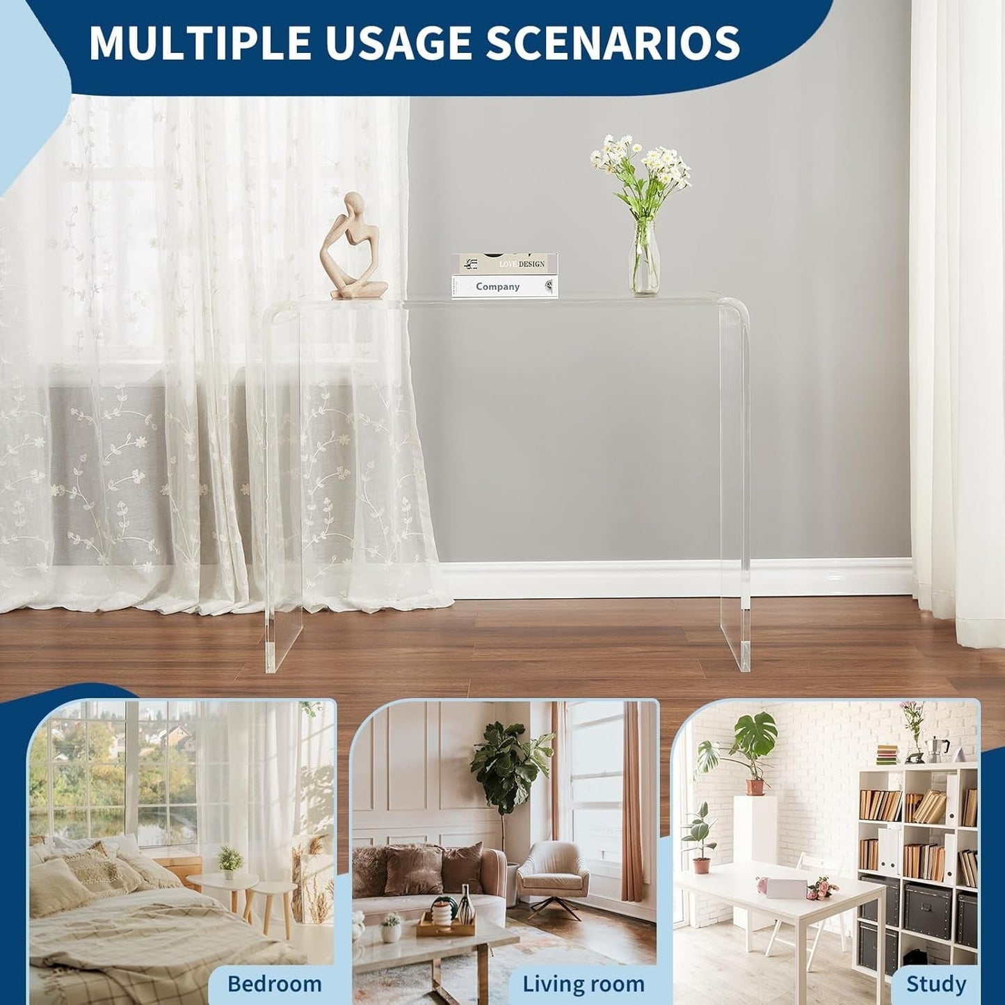 Acrylic Narrow Console Table for Entryway - 38 x 15 x 29 Inch Clear Acrylic Table with Square Legs, Slim Design for Sofa, Foyer, Hallway, and Living Room