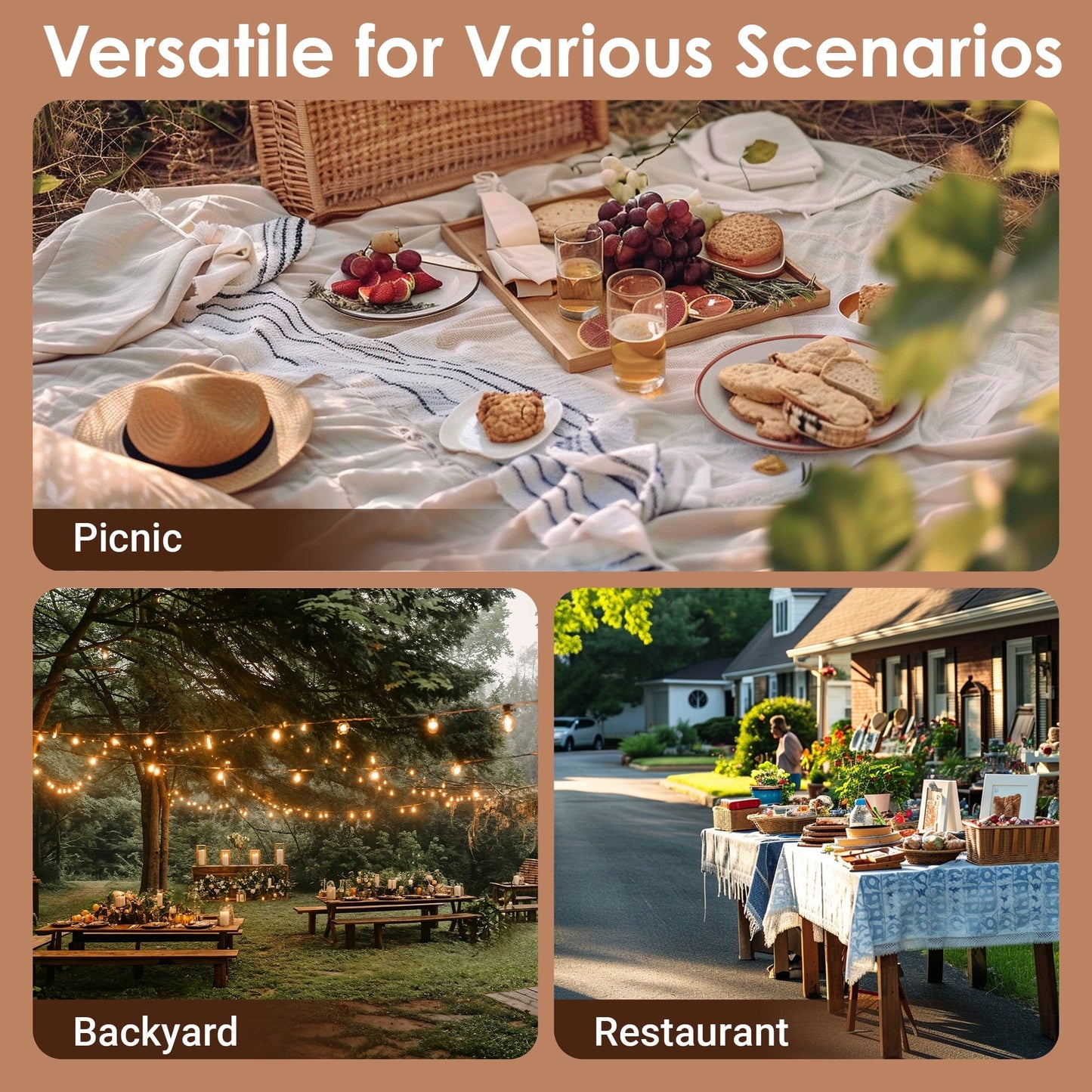 72" Wood Picnic Table w/Umbrella Hole for Outdoor, Rectangle Patio Dining Table and Bench Set, Heavy-Duty Picnic Beer Table Bench Set for Garden, Lawn & Backyard, Brown