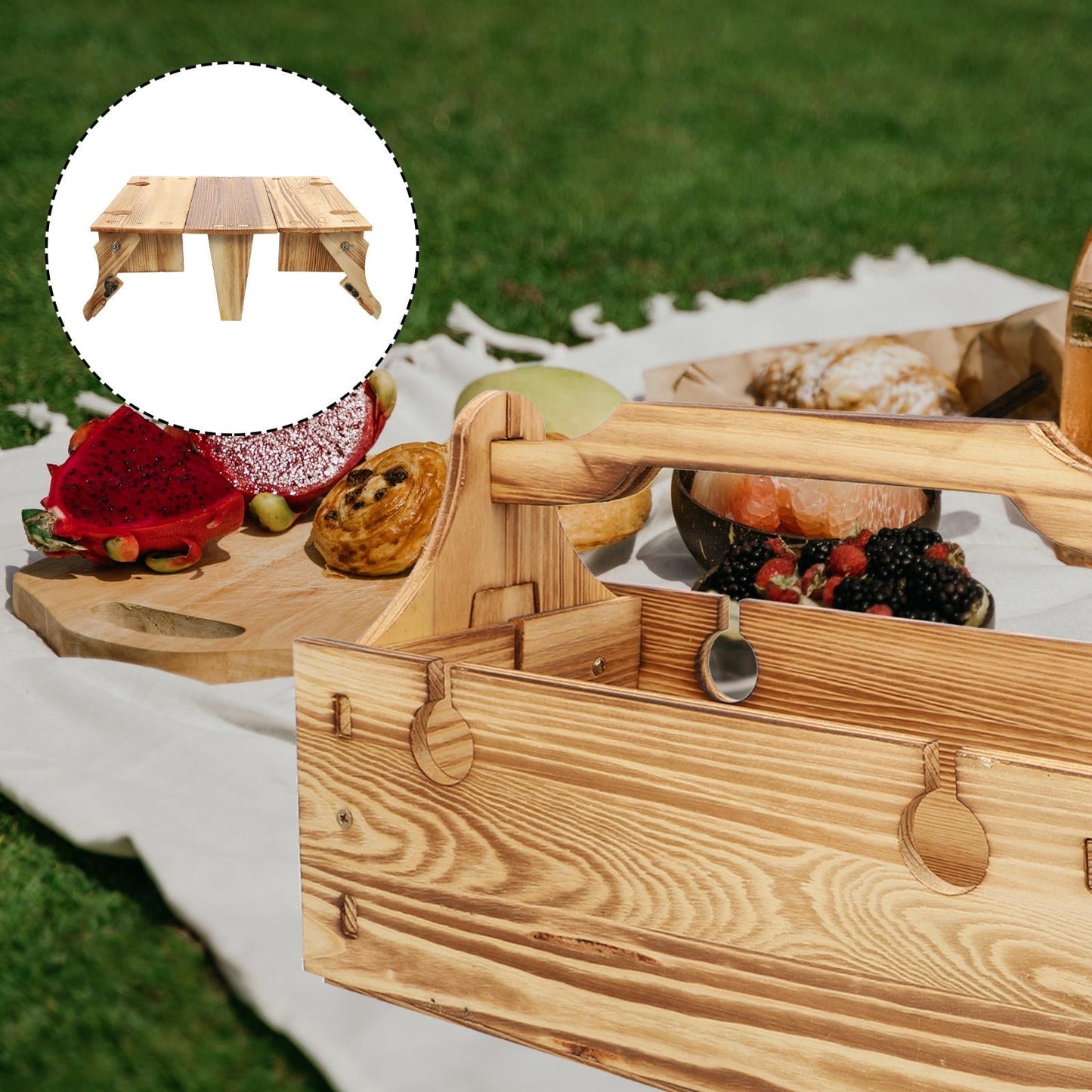 Raindrops 1Set Folding Picnic Basket Table Light Brown Rectangular for Outdoor Activities with Wood and Plastic