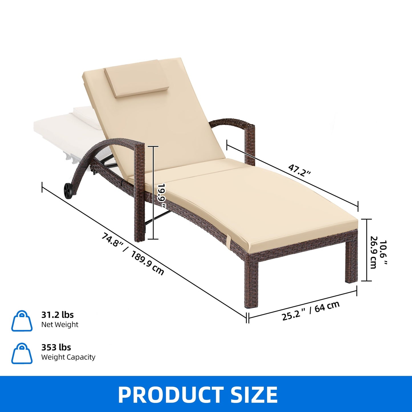 Dextrus 2 Pcs Outdoor Chaise Lounge Chairs, Rattan Wicker Patio Pool Loungers with Cushion & Adjustable Backrest, Arm, Pillow, Wheels