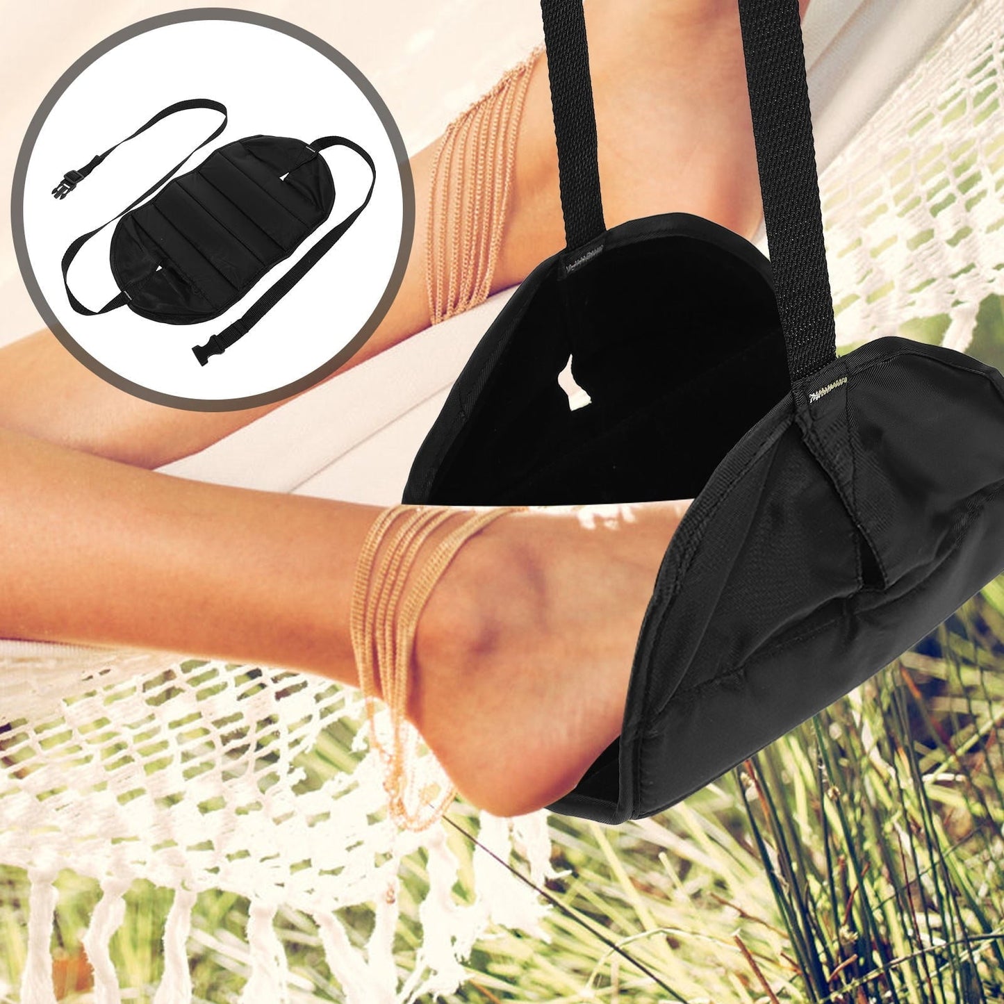 WRISTBIQUE 1Pcs Black Oxford Cloth Foot Hammock for Airplane Travel for Comfortable Home or Office Use 16.11X7.47X31.44in