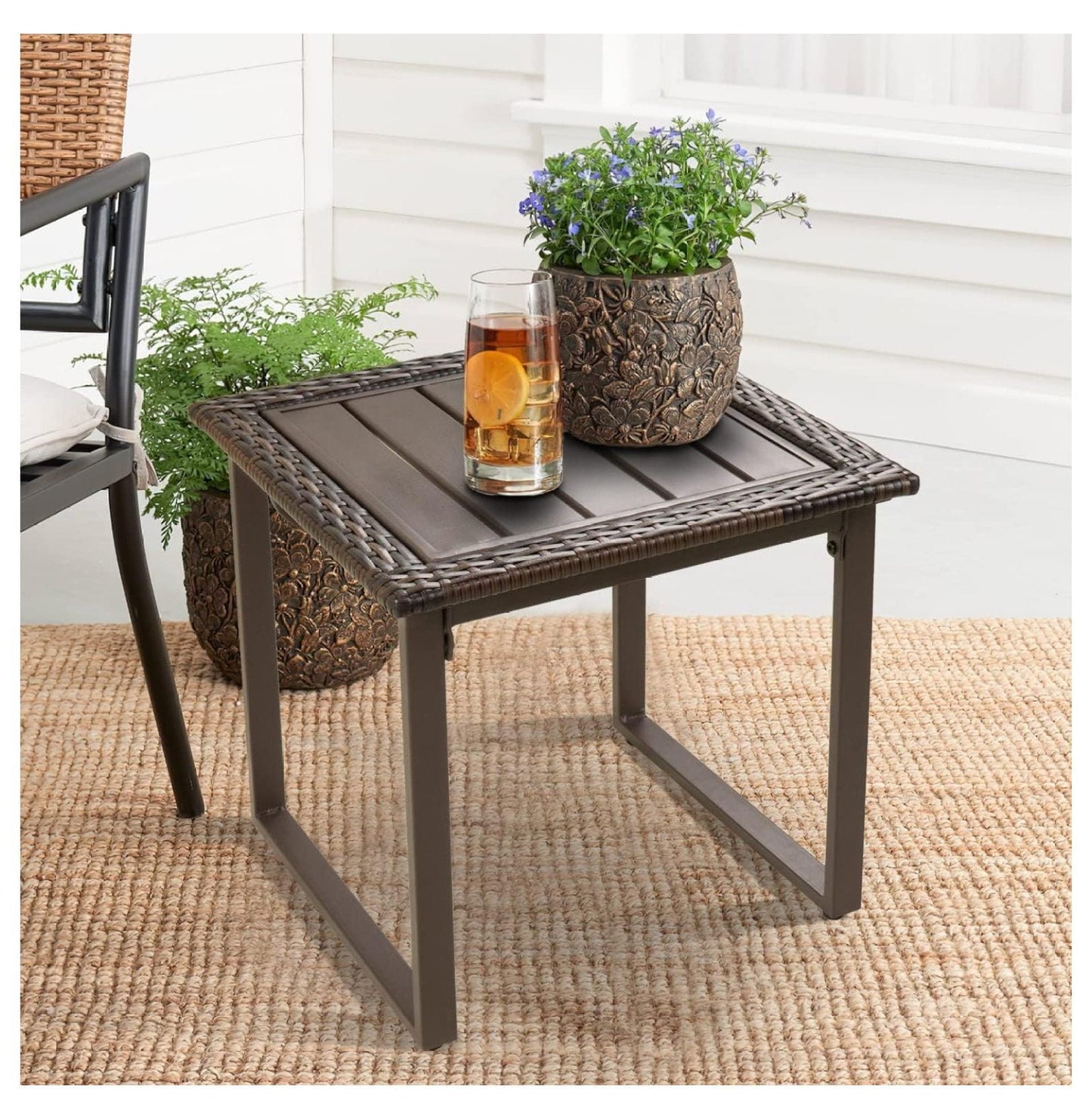 Outdoor Wicker Rattan Side End Tables for Patio Set of 2, 2 PCS Square Outdoor Patio Furniture End Table for Porch Lawn Garden Balcony Pool Bistro, Brown