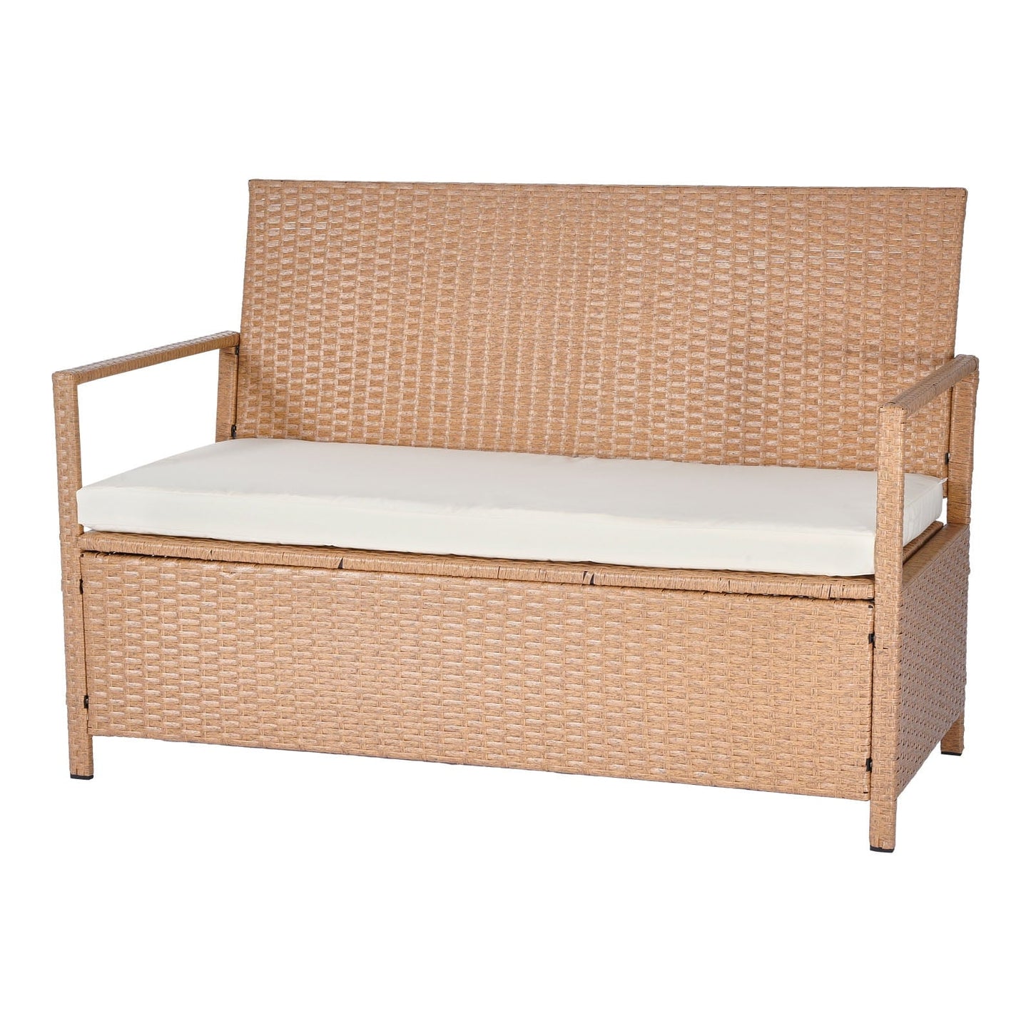 KFFKFF Outdoor Storage Bench, 2-Person PE Rattan Deck Box with Cushion, 70-Gallon Capacity, Supports up to 265 lbs, Weather-Resistant Seating for Patio, Garden, Balcony, or Yard