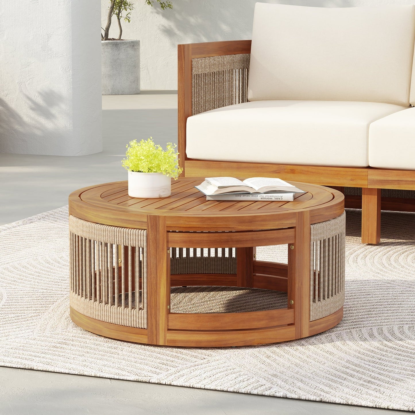 Homy Casa Round Outdoor Coffee Table for Poolside Patio Lounge, Coastal Style, Natural Wood Look