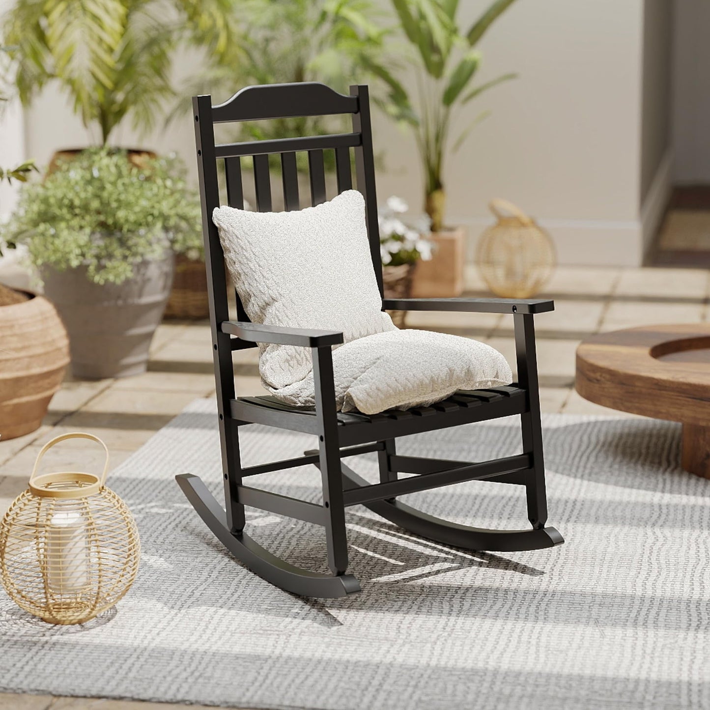 FICARTS High Back HDPE Outdoor Rocking Chair - All Weather Patio Porch Rocker with 44.92” Height (Black)