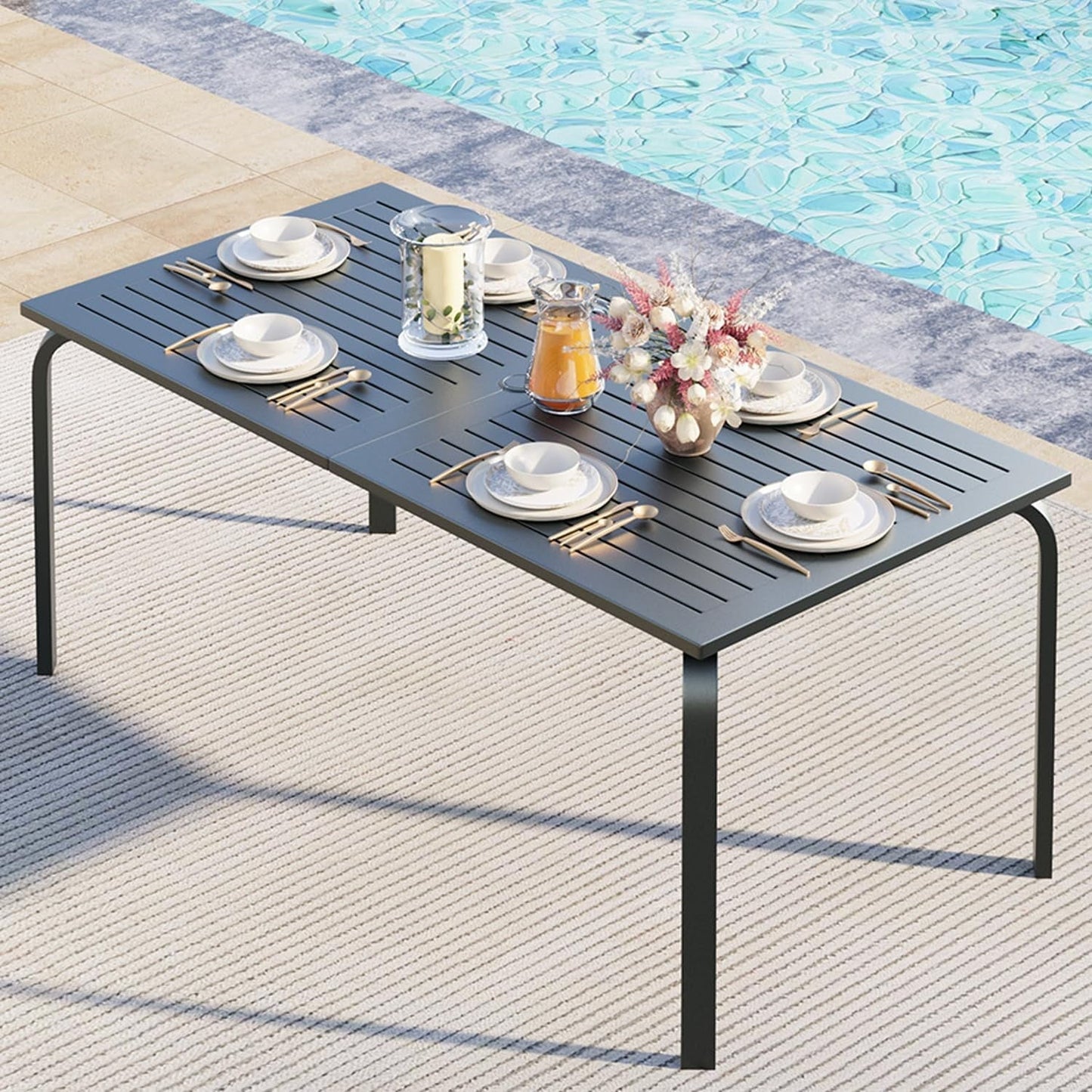 Wildbreak Outdoor Dining Table for 8 Person, 70.9 x 35 x 29", Slat Top & Umbrella Hole, Gray
