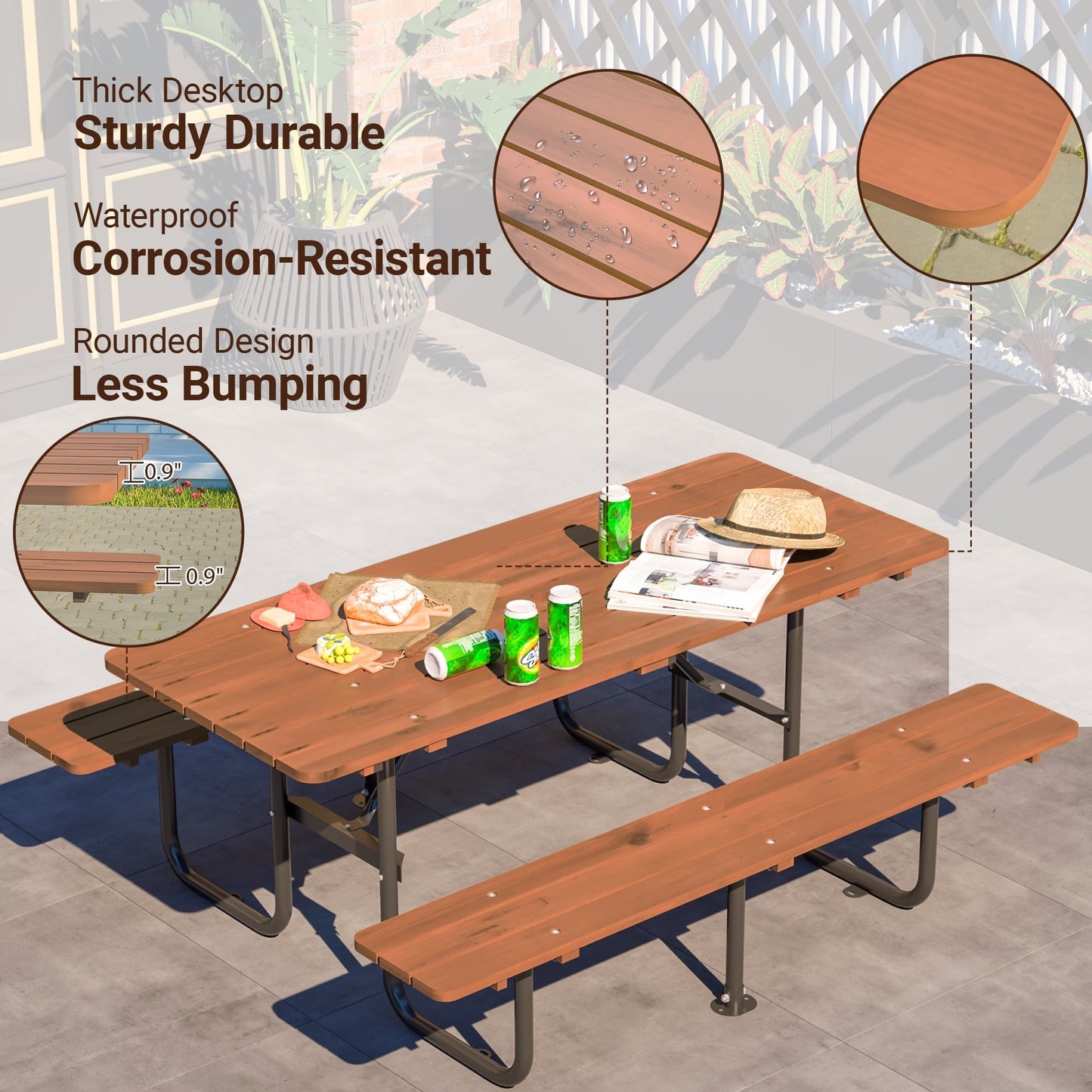 72" Wood Picnic Table w/Umbrella Hole for Outdoor, Rectangle Patio Dining Table and Bench Set, Heavy-Duty Picnic Beer Table Bench Set for Garden, Lawn & Backyard, Brown